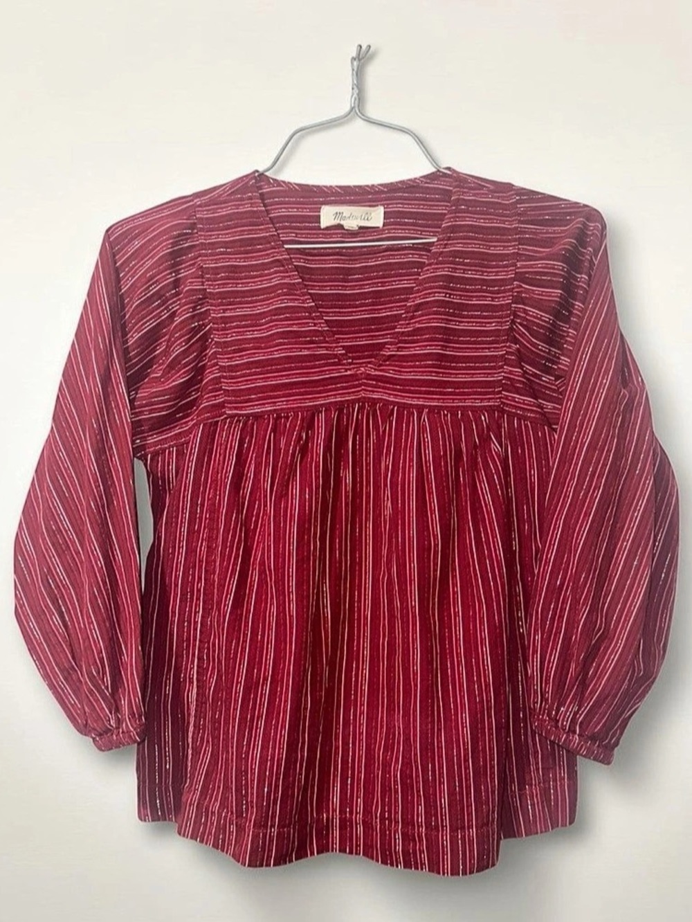 Madewell Swingy Peasant Top in Metallic Stripe Blouse Red & White